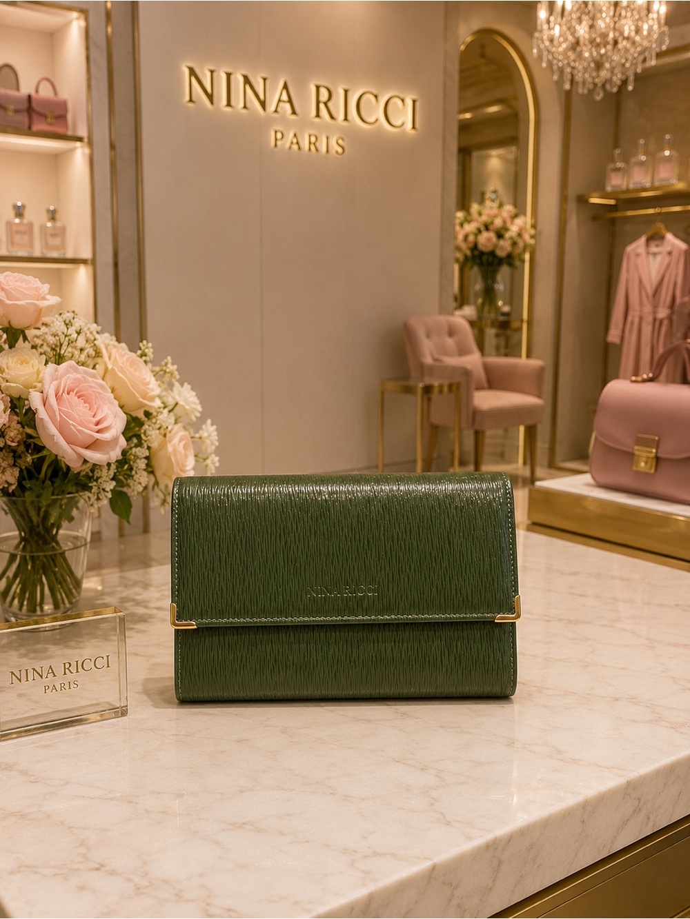 Nina Ricci Dark Green Textured Leather Clutch with Gold Accents